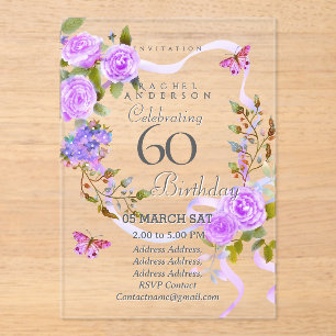 Purple Rose Ribbon 60th Birthday Invitation