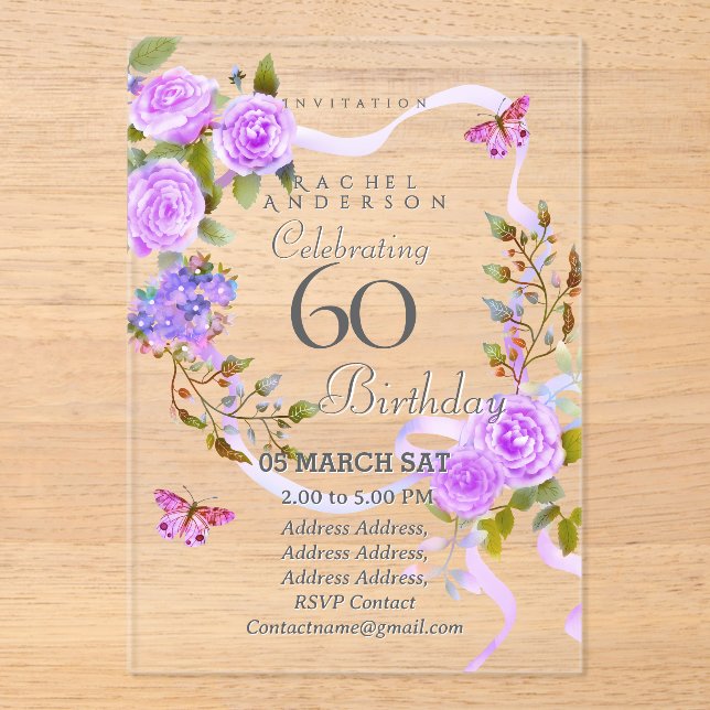 Purple Rose Ribbon 60th Birthday Invitation (Recto)