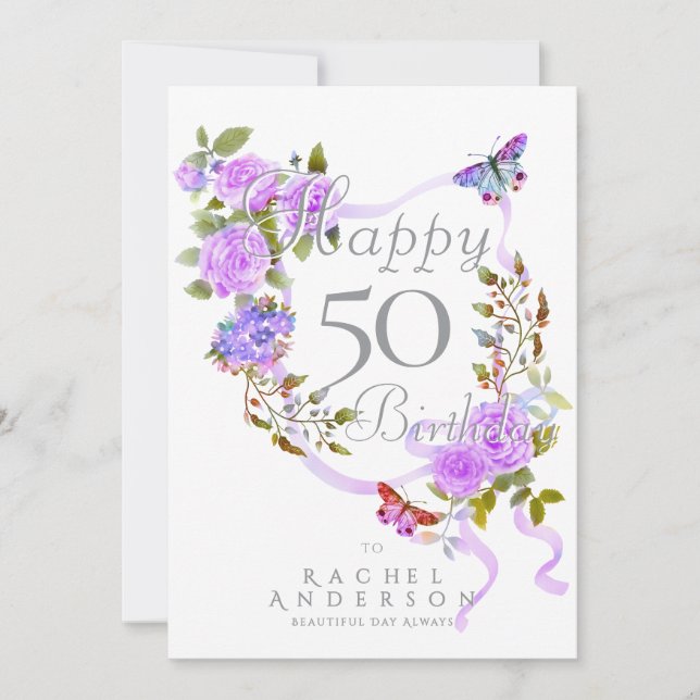 Purple Rose Ribbon Birthday Holiday Card (Front)