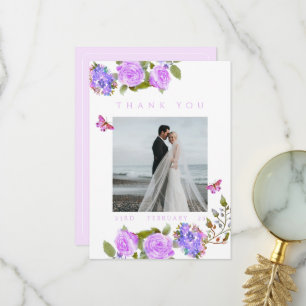Purple Rose Ribbon Monogram Photo Wed Thank You Card