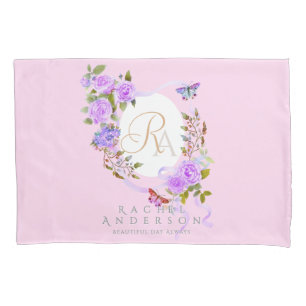 Purple Rose Ribbon Monogram Pink Pillowcase