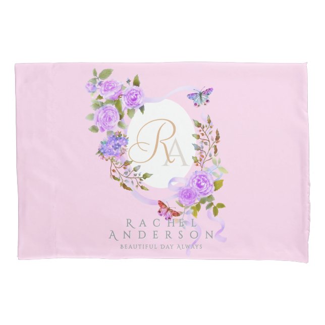 Purple Rose Ribbon Monogram Pink Pillowcase (Front)