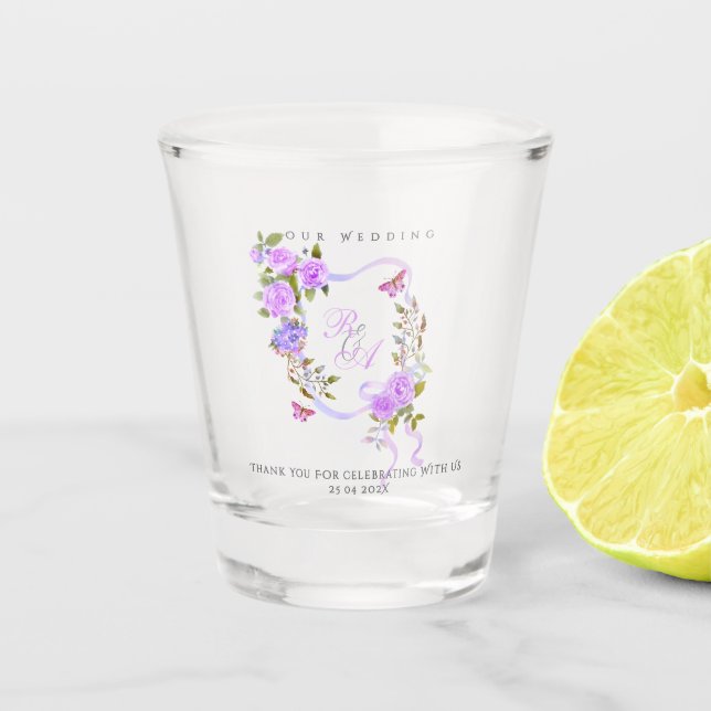 Purple Rose Ribbon Monogram Wedding  Shot Glass (Front)