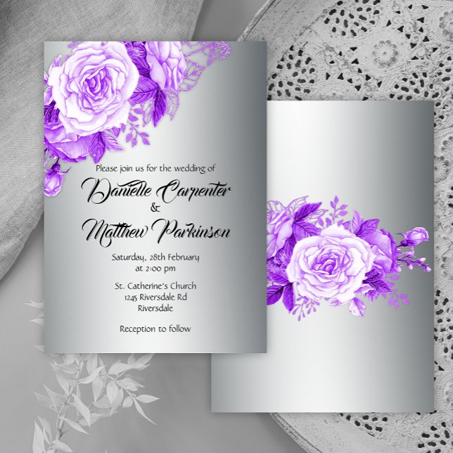 Purple Rose Romance Silver Wedding  Invitation (Creator Uploaded)