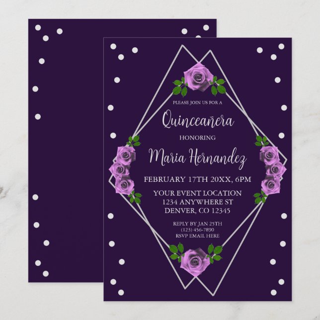 Purple Rose Silver Geometric Quinceañera Invitation (Front/Back)