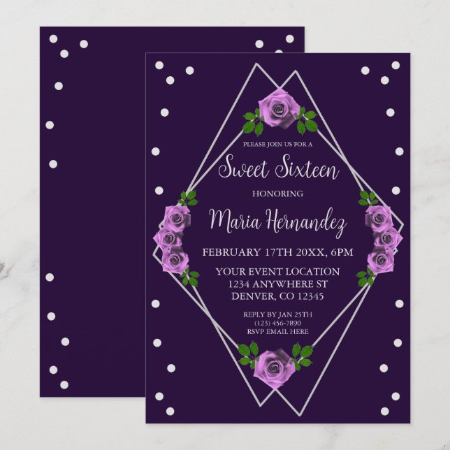 Purple Rose Silver Geometric Sweet 16 Invitation (Front/Back)