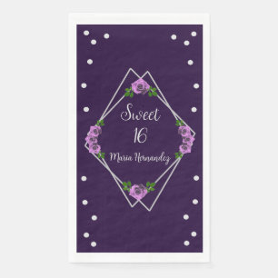 Purple Rose Silver Geometric Sweet 16 Napkin