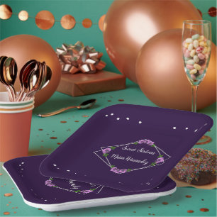 Purple Rose Silver Geometric Sweet 16 Paper Plate