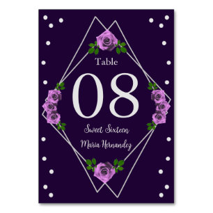 Purple Rose Silver Geometric Sweet 16 Table Number