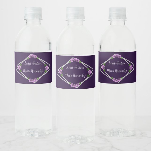 Purple Rose Silver Geometric Sweet 16 Water Bottle Label (Bottles)