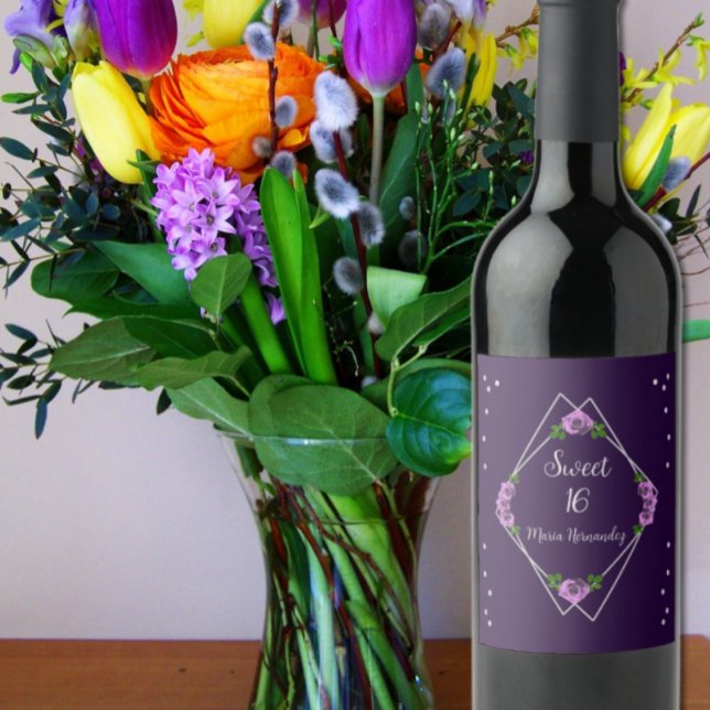 Purple Rose Silver Geometric Sweet 16 Wine Label (Creator Uploaded)
