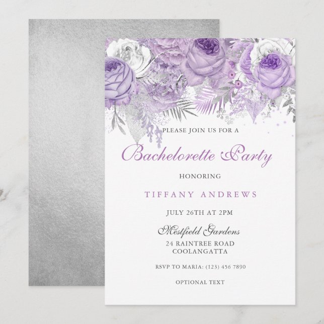 Purple Rose Silver Wonderland Bachelorette Party Invitation (Front/Back)