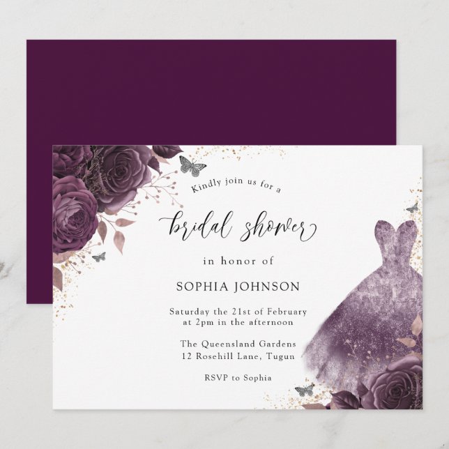 Purple Rose Sparkle Dress Floral Bridal Shower Invitation (Front/Back)