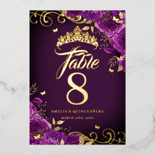 Purple Rose Swirl Quinceanera Gold Table Number