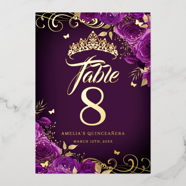 Purple Rose Swirl Quinceanera Gold Table Number  (Front)