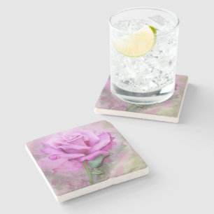   Purple Rose Watercolor Floral Stone Coaster