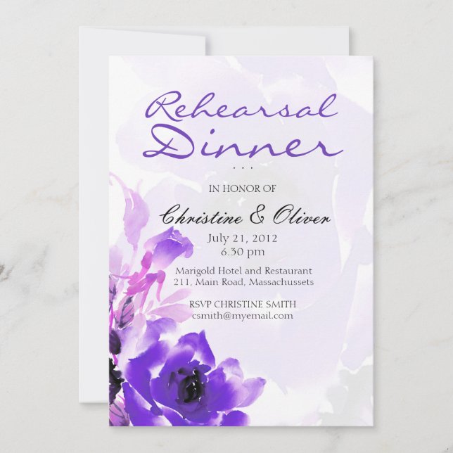 Purple Rose Wedding Rehearsal Dinner Card (Front)