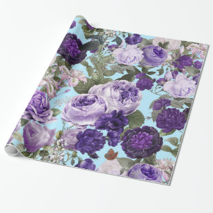 purple rose with butterfly pattern wrapping paper