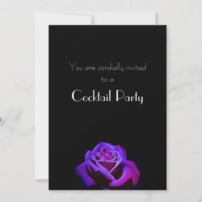 Purple Rose With Droplets on Black Cocktail Party Invitation (Front)