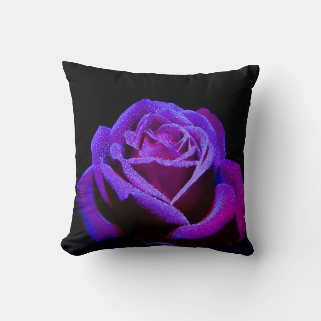 Purple Rose With Water Drops on Black Background Throw Pillow (Front)