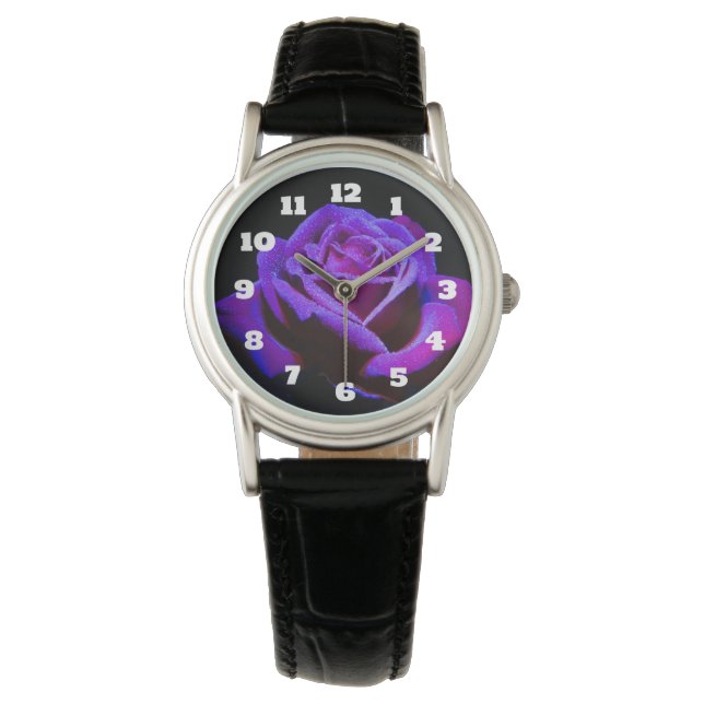 Purple Rose With Water Drops on Black Background Watch (Front)