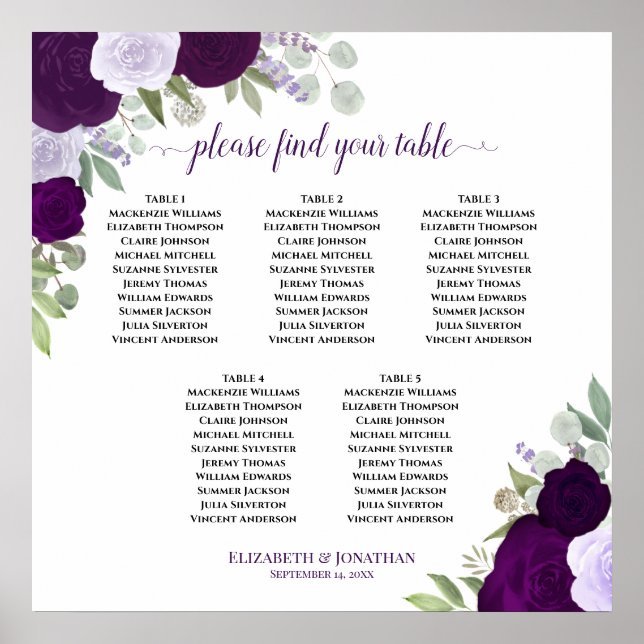 Purple Roses 5 Table Elegant Wedding Seating Chart (Front)
