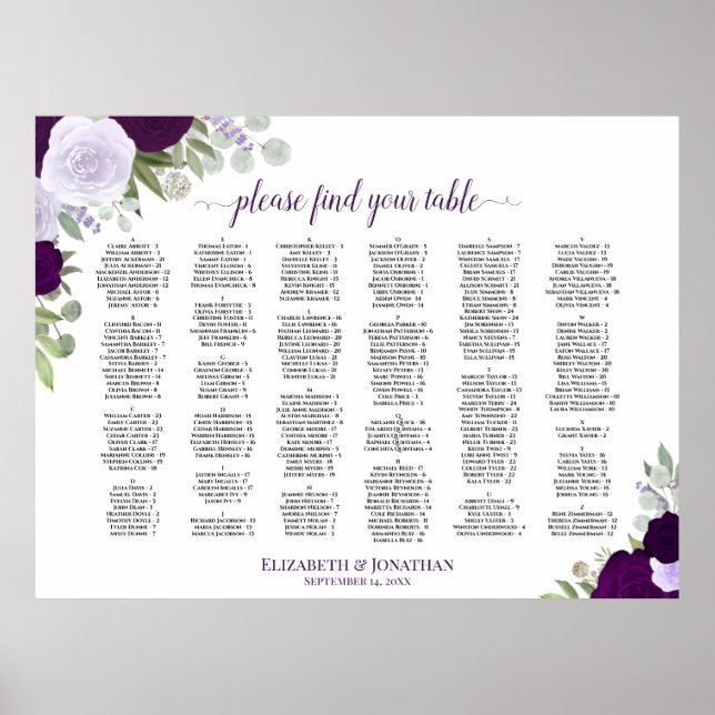 Purple Roses Alphabetical Wedding Seating Chart (Front)