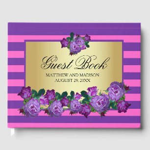 Purple Roses and Gold Personalized Wedding Guest Book