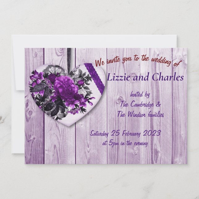 Purple roses and heart wedding invitation (Front)