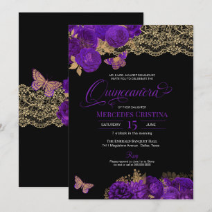 Purple Roses and Lace Butterfly Quinceañera Invitation