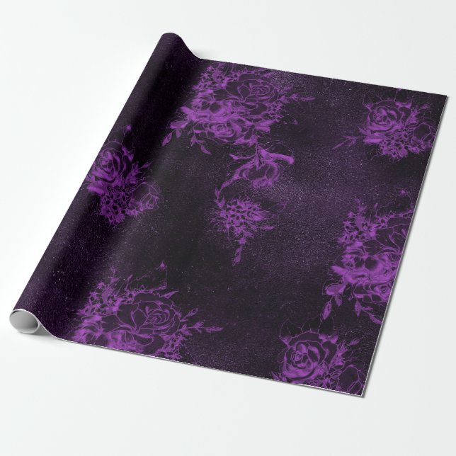 Purple Roses and Splatters on Purple Wrapping Paper (Unrolled)