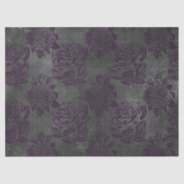 Purple Roses and Writing on Grey Decoupage Tissue Paper (Front)