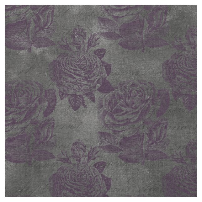Purple Roses and Writing on Grey Fabric (Close Up)