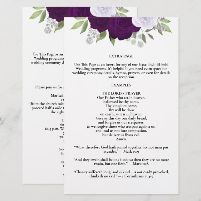 Purple Roses Bi-Fold Wedding Program Extra Page (Front/Back)