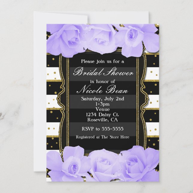 Purple Roses Black Stripes & Gold Bridal Shower Invitation (Front)