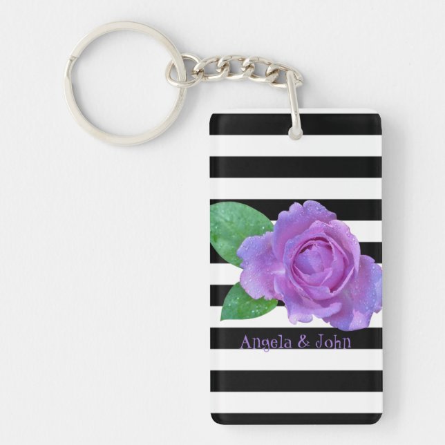 Purple Roses, Black, White Stripes Personalized Keychain (Front)