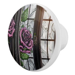 Purple roses by the window - gothic style ceramic knob
