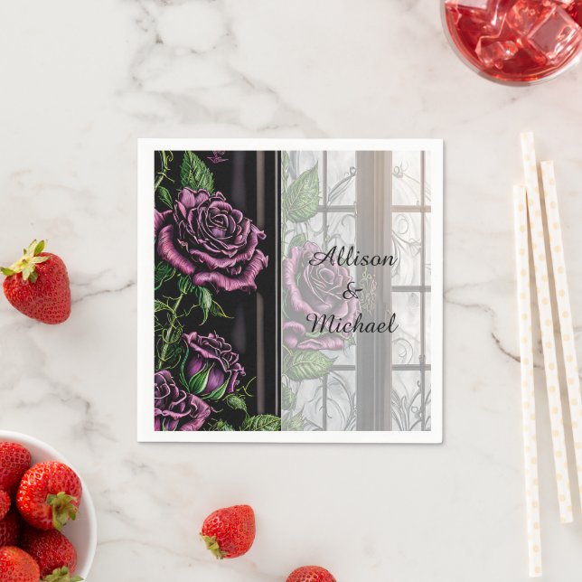 Purple roses by the window - gothic style napkin (Insitu)