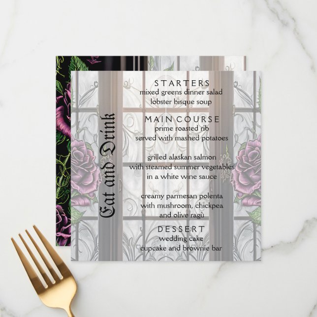Purple roses by the window - gothic style wedding  menu (Front/Back In Situ)
