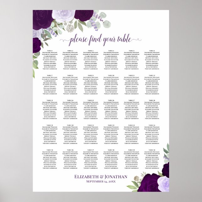 Purple Roses Chic 30 Table Wedding Seating Chart (Front)