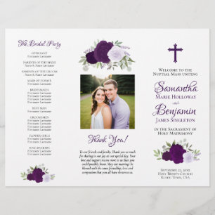 Purple Roses DIY tri-fold Catholic Wedding Program