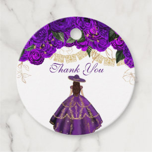 Purple Roses Elegant Floral Charro Quinceanera Favour Tags