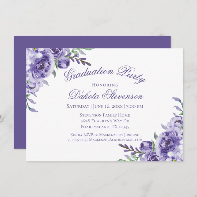 Purple Roses | Elegant Watercolor Graduation Invitation (Front/Back)