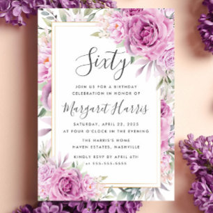 Purple Roses Floral Gold Frame 60th Sixty Birthday Invitation