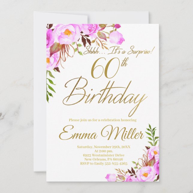 Purple Roses Floral Surprise 60th Birthday Party Invitation (Front)