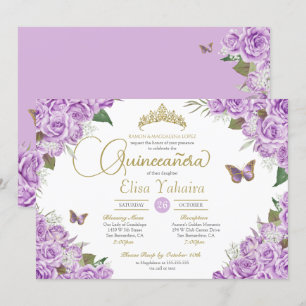 Purple Roses Floral Tiara Butterfly Quinceanera Invitation