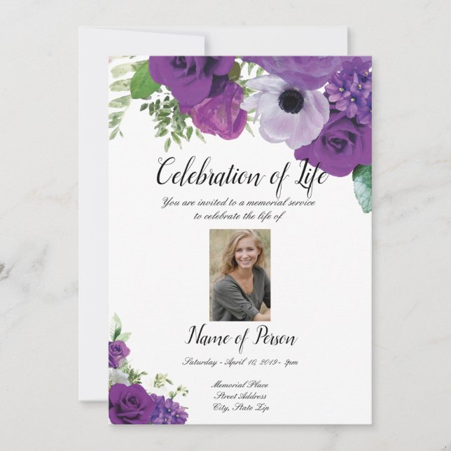 Purple Roses Funeral Announcement Invitation (Front)