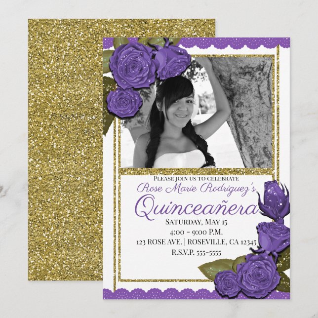 Purple Roses Gold Glitter Quinceañera Birthday Invitation (Front/Back)