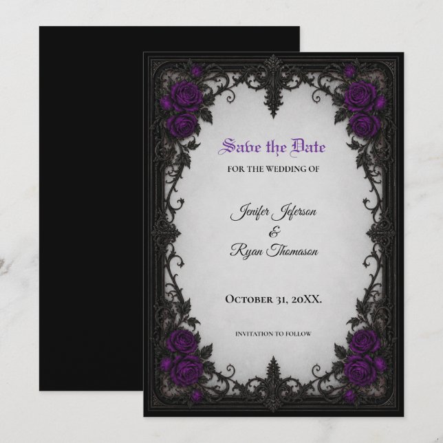 Purple Roses Gothic Save the date invitation (Front/Back)