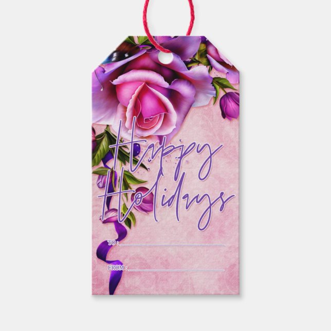 Purple Roses Happy Holidays Gift Tags (Front)